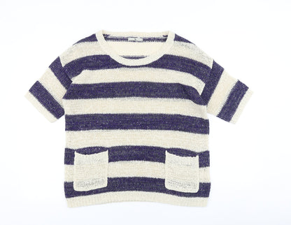 TU Womens Blue Round Neck Striped Acrylic Pullover Jumper Size 12