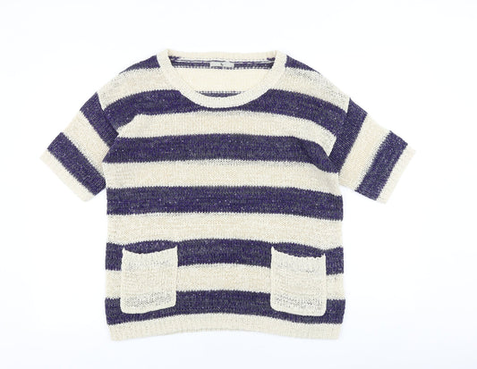 TU Womens Blue Round Neck Striped Acrylic Pullover Jumper Size 12