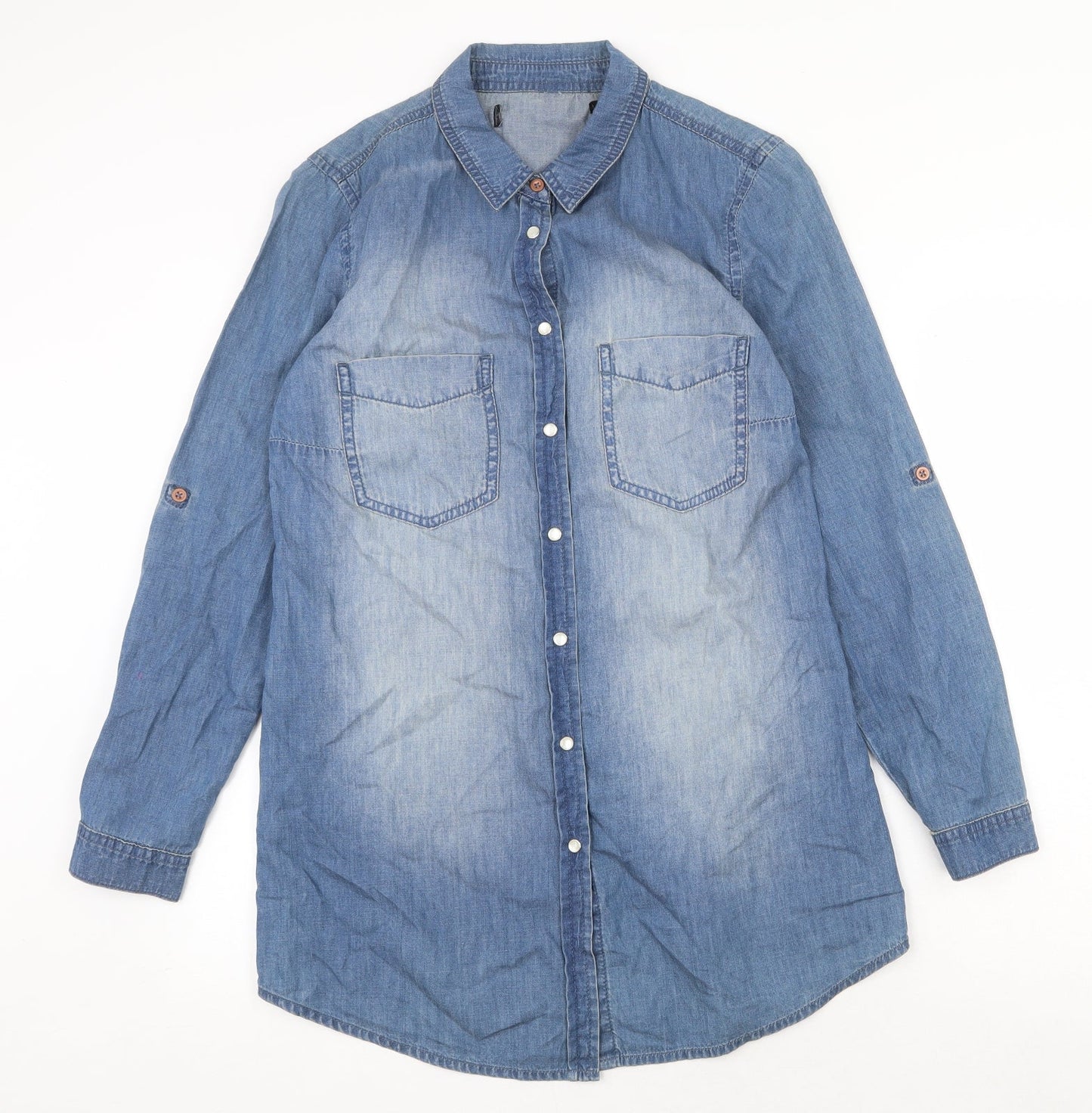 Capsule Womens Blue Cotton Basic Button-Up Size 2XS V-Neck