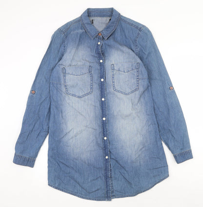 Capsule Womens Blue Cotton Basic Button-Up Size 2XS V-Neck