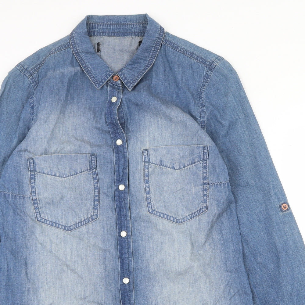 Capsule Womens Blue Cotton Basic Button-Up Size 2XS V-Neck