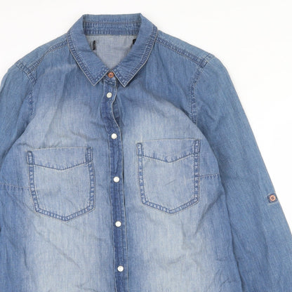 Capsule Womens Blue Cotton Basic Button-Up Size 2XS V-Neck