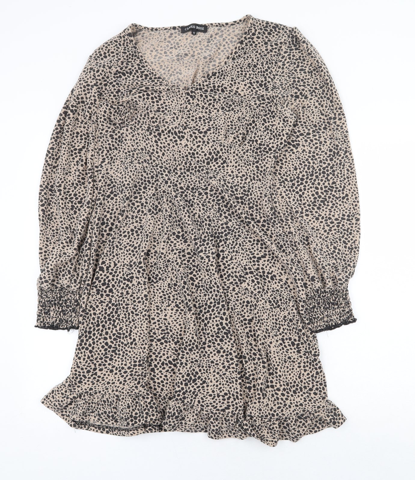 Cameo Rose Womens Beige Animal Print Polyester Trapeze & Swing Size 12 V-Neck Pullover - Leopard Pattern