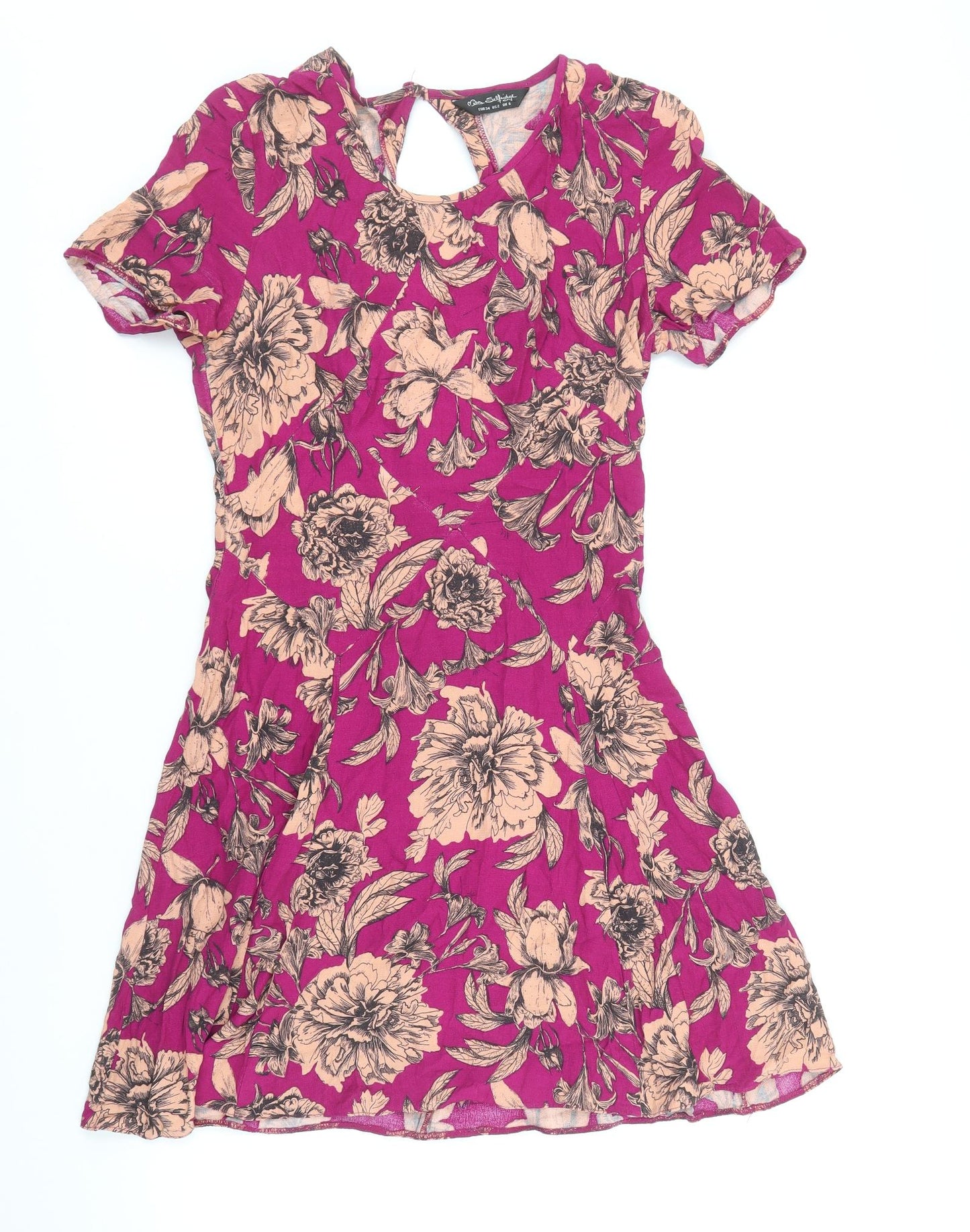 Miss Selfridge Womens Pink Floral Viscose A-Line Size 8 Scoop Neck Button - Cut Out Back Detail