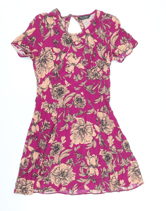 Miss Selfridge Womens Pink Floral Viscose A-Line Size 8 Scoop Neck Button - Cut Out Back Detail