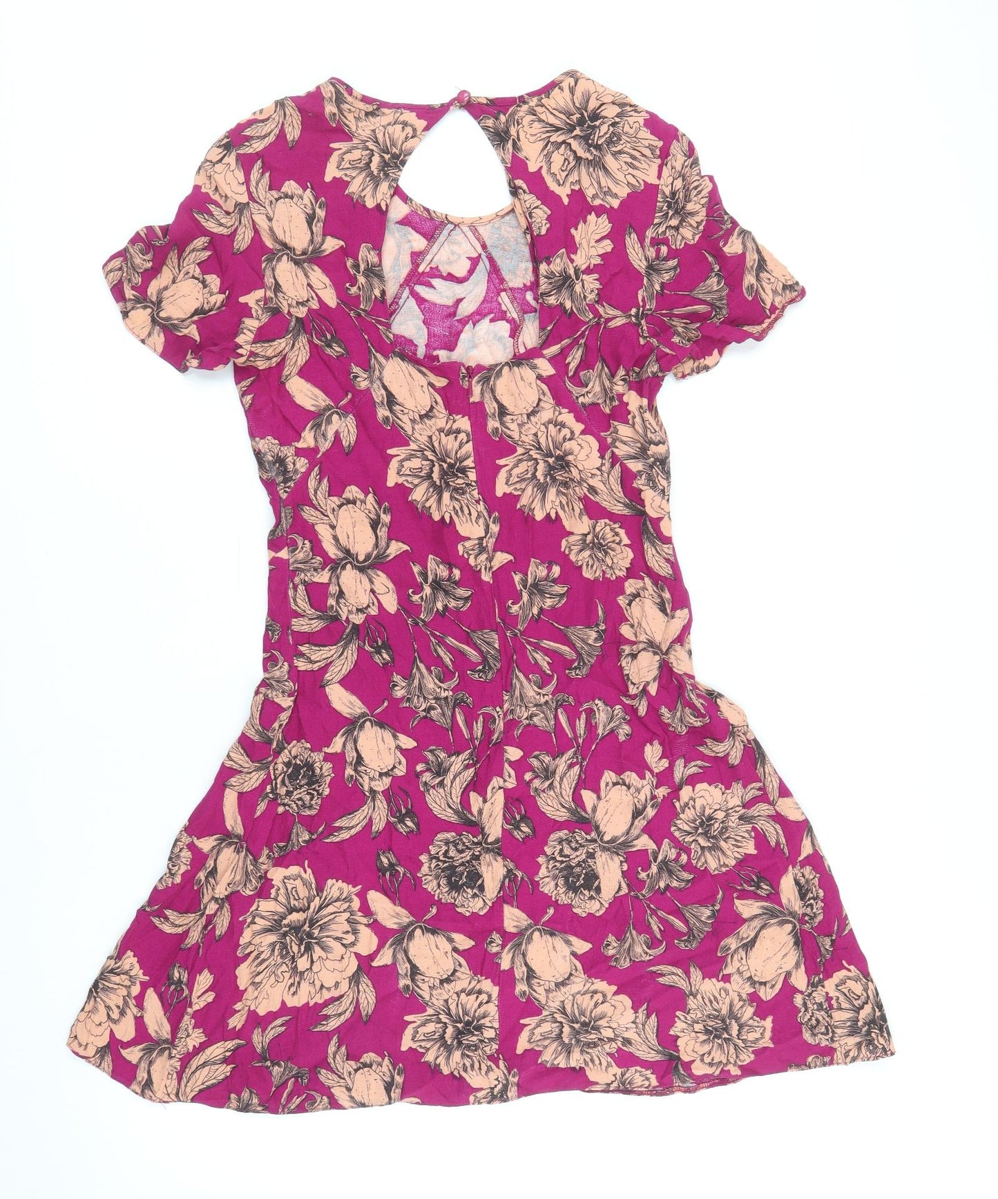 Miss Selfridge Womens Pink Floral Viscose A-Line Size 8 Scoop Neck Button - Cut Out Back Detail