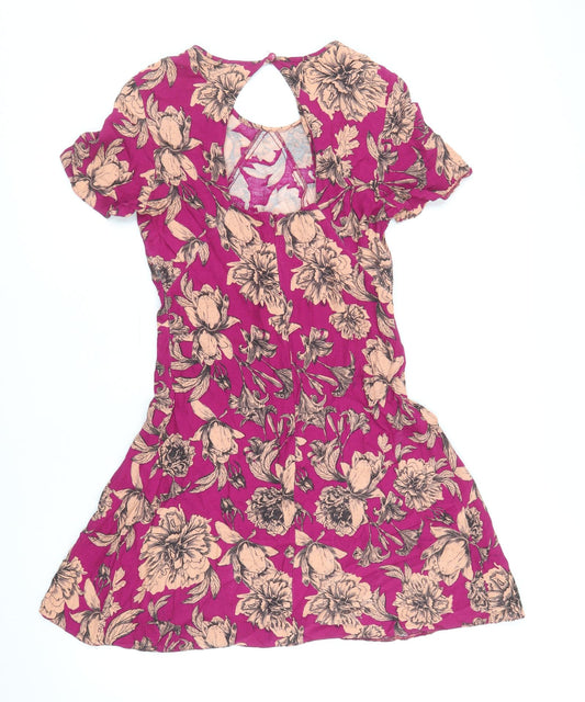 Miss Selfridge Womens Pink Floral Viscose A-Line Size 8 Scoop Neck Button - Cut Out Back Detail