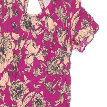 Miss Selfridge Womens Pink Floral Viscose A-Line Size 8 Scoop Neck Button - Cut Out Back Detail