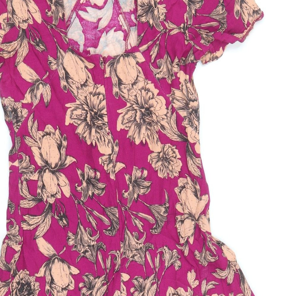 Miss Selfridge Womens Pink Floral Viscose A-Line Size 8 Scoop Neck Button - Cut Out Back Detail