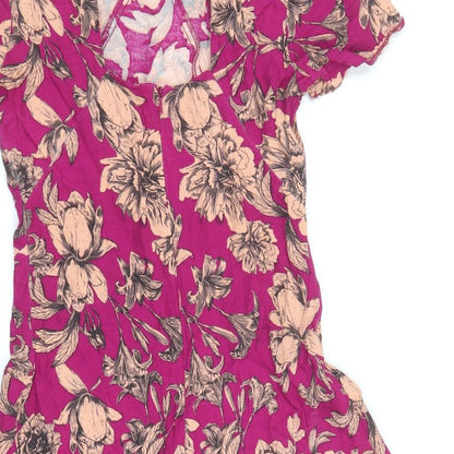 Miss Selfridge Womens Pink Floral Viscose A-Line Size 8 Scoop Neck Button - Cut Out Back Detail
