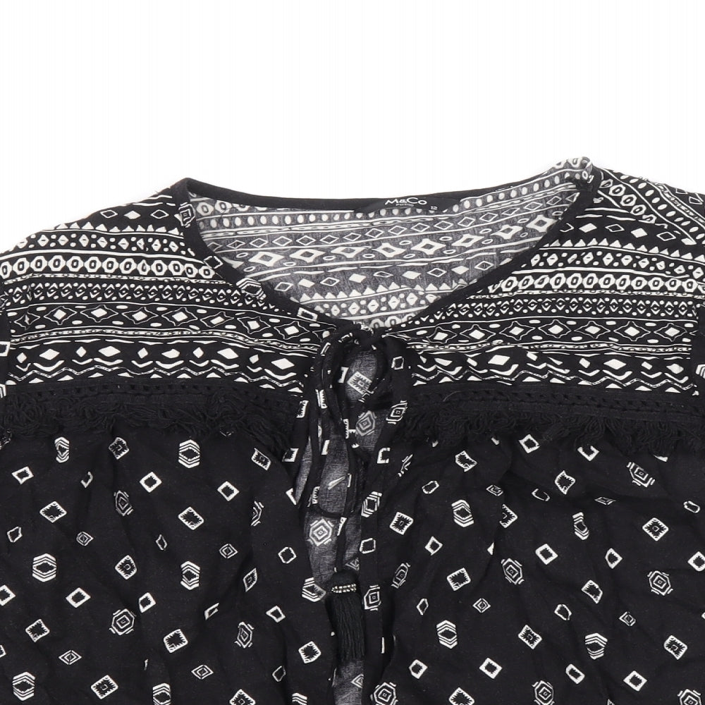 M&Co Womens Black Geometric Viscose Wrap Blouse Size 12 V-Neck