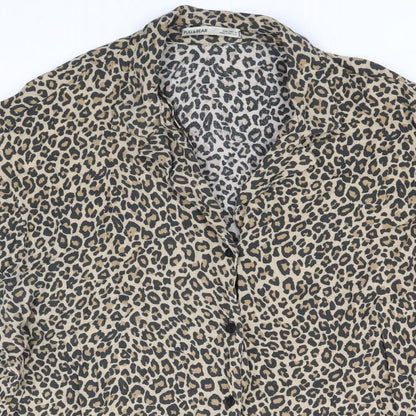 Pull&Bear Womens Brown Animal Print Viscose Basic Button-Up Size L V-Neck - Leopard Print