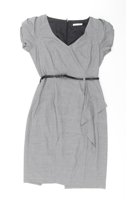 Marks and Spencer Womens Black Herringbone Polyester A-Line Size 10 V-Neck Zip - Removable belt