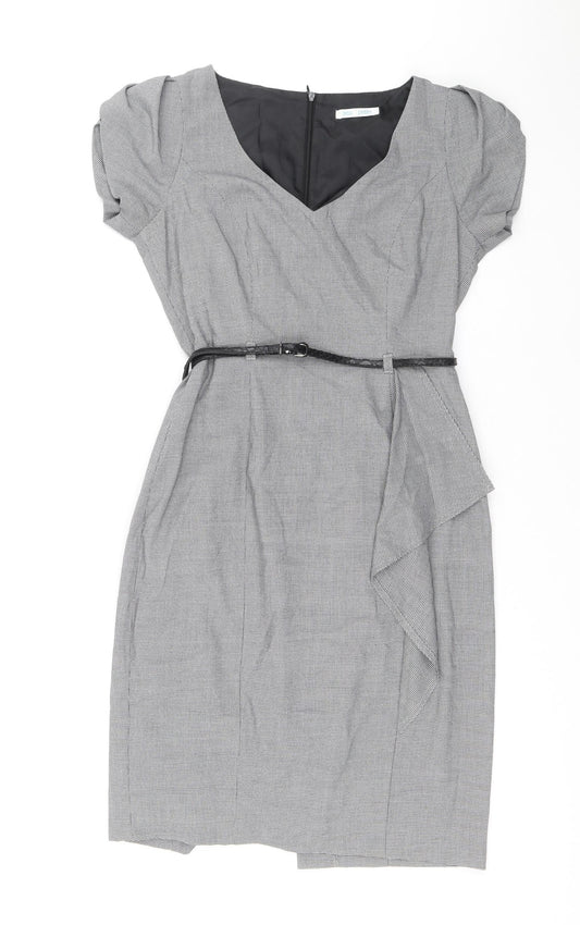 Marks and Spencer Womens Black Herringbone Polyester A-Line Size 10 V-Neck Zip - Removable belt