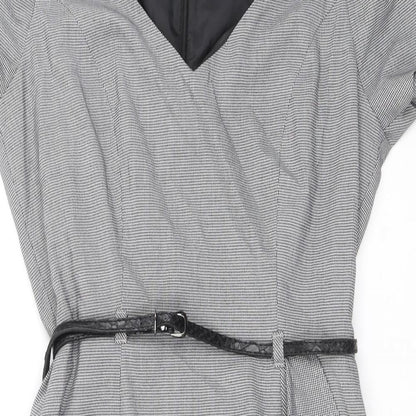 Marks and Spencer Womens Black Herringbone Polyester A-Line Size 10 V-Neck Zip - Removable belt