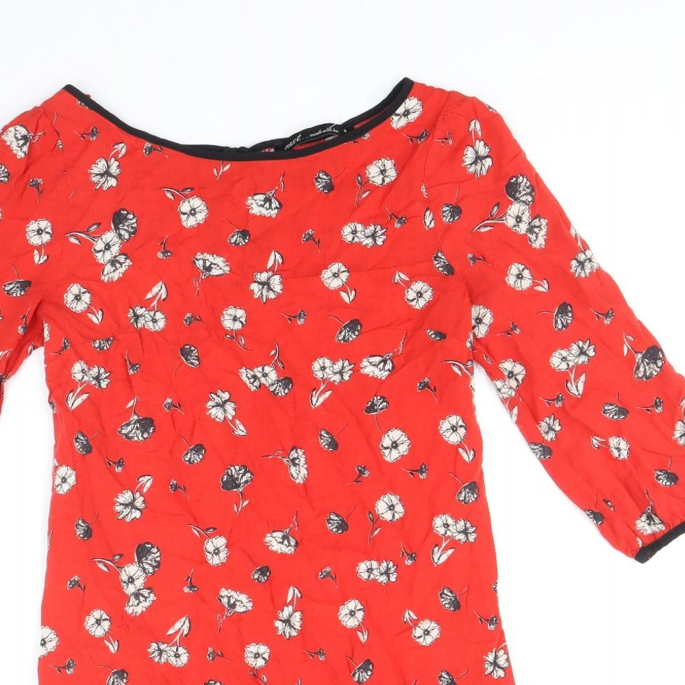 NEXT Womens Red Floral Viscose A-Line Size 8 Boat Neck Button