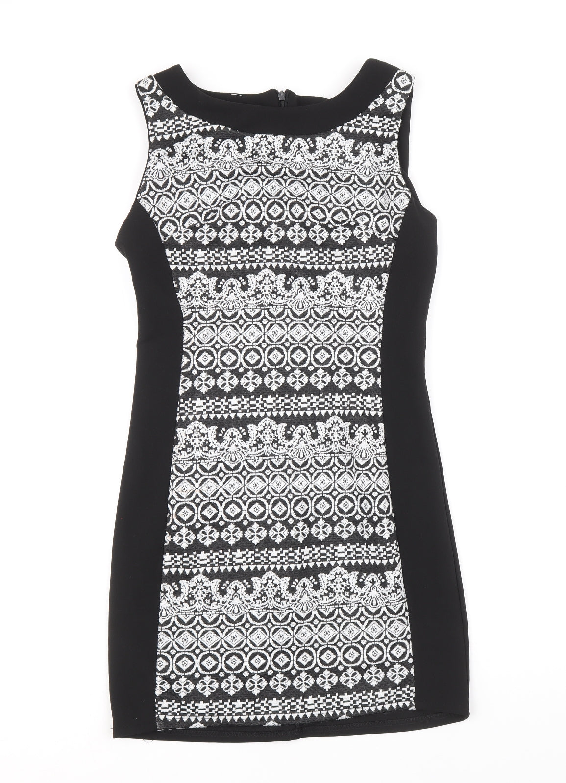 Preworn Womens Black Geometric Polyester A-Line Size 6 Round Neck Zip