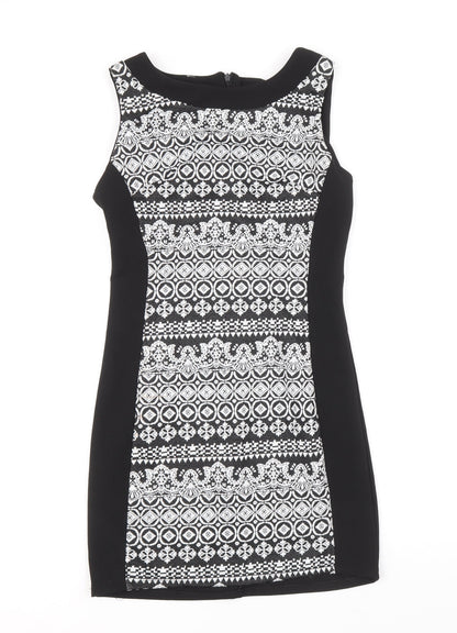 Preworn Womens Black Geometric Polyester A-Line Size 6 Round Neck Zip