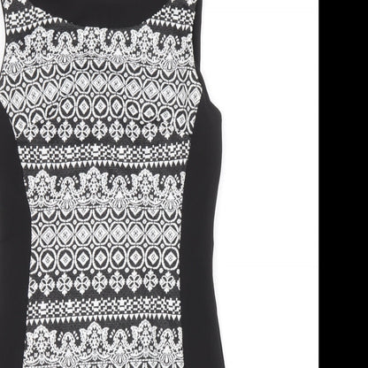 Preworn Womens Black Geometric Polyester A-Line Size 6 Round Neck Zip
