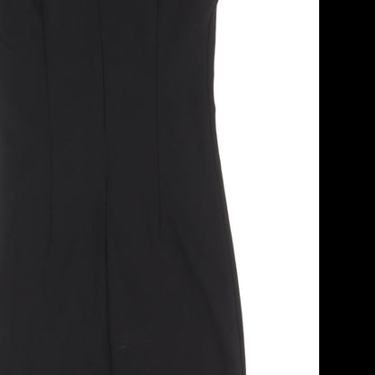 Preworn Womens Black Geometric Polyester A-Line Size 6 Round Neck Zip