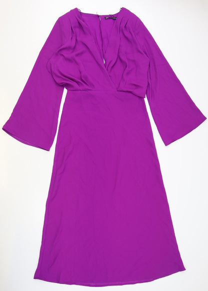Zara Womens Purple Polyester Maxi Size L V-Neck Zip - Flute Sleeve