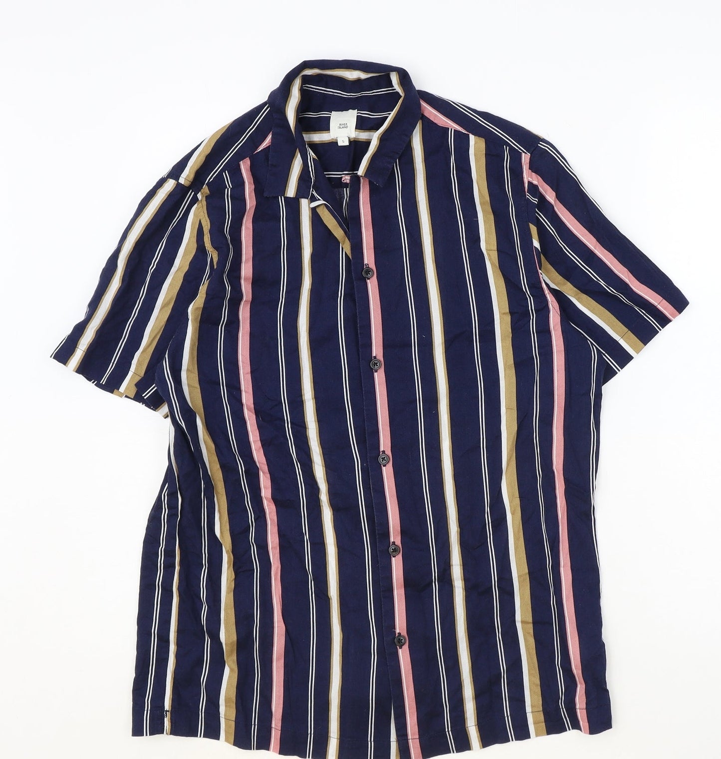 River Island Mens Blue Striped Cotton Button-Up Size S Collared Button