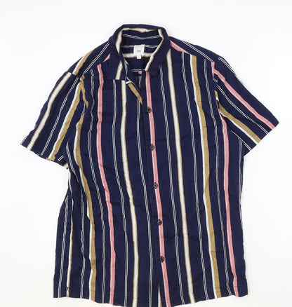 River Island Mens Blue Striped Cotton Button-Up Size S Collared Button