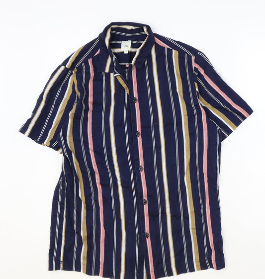 River Island Mens Blue Striped Cotton Button-Up Size S Collared Button