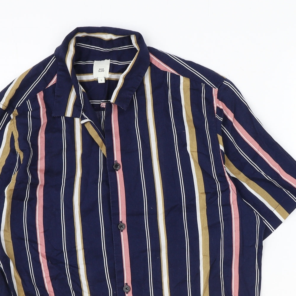 River Island Mens Blue Striped Cotton Button-Up Size S Collared Button