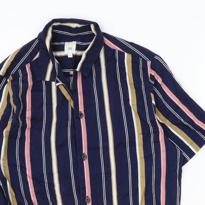 River Island Mens Blue Striped Cotton Button-Up Size S Collared Button