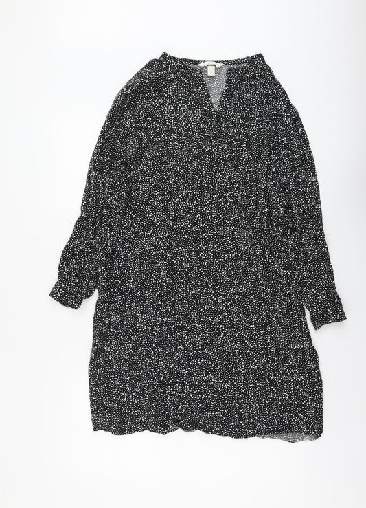 H&M Womens Black Geometric Viscose A-Line Size M V-Neck Button
