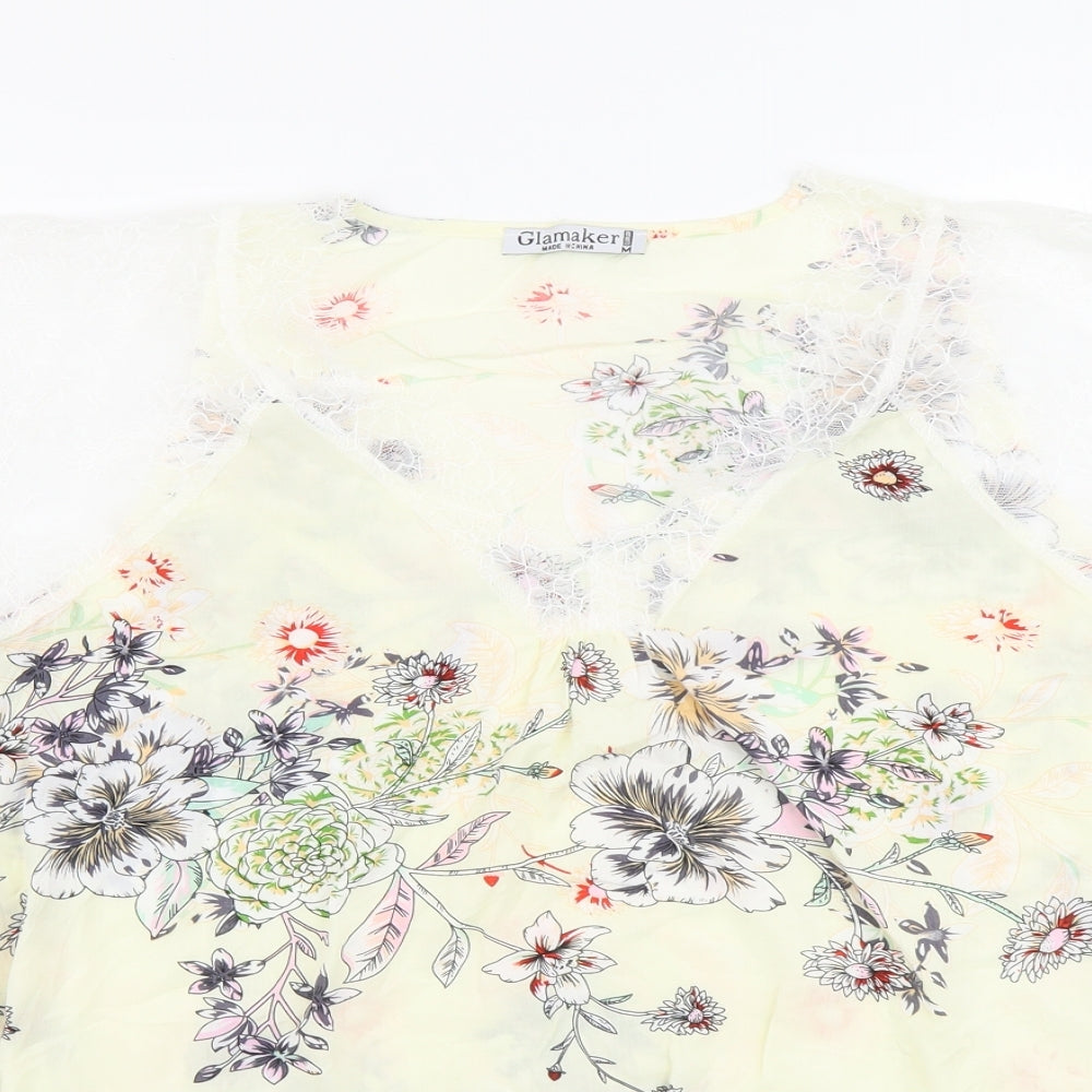 Glamker Womens Yellow Geometric Viscose Basic Blouse Size M V-Neck - Lace Detail