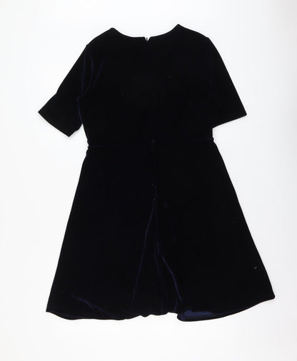 Manguun Womens Blue Polyester Fit & Flare Size 3XS V-Neck Zip