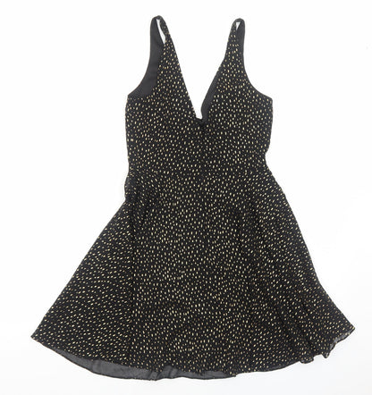 Miss Selfridge Womens Black Geometric Polyester Fit & Flare Size 8 V-Neck Zip