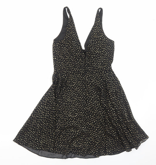 Miss Selfridge Womens Black Geometric Polyester Fit & Flare Size 8 V-Neck Zip