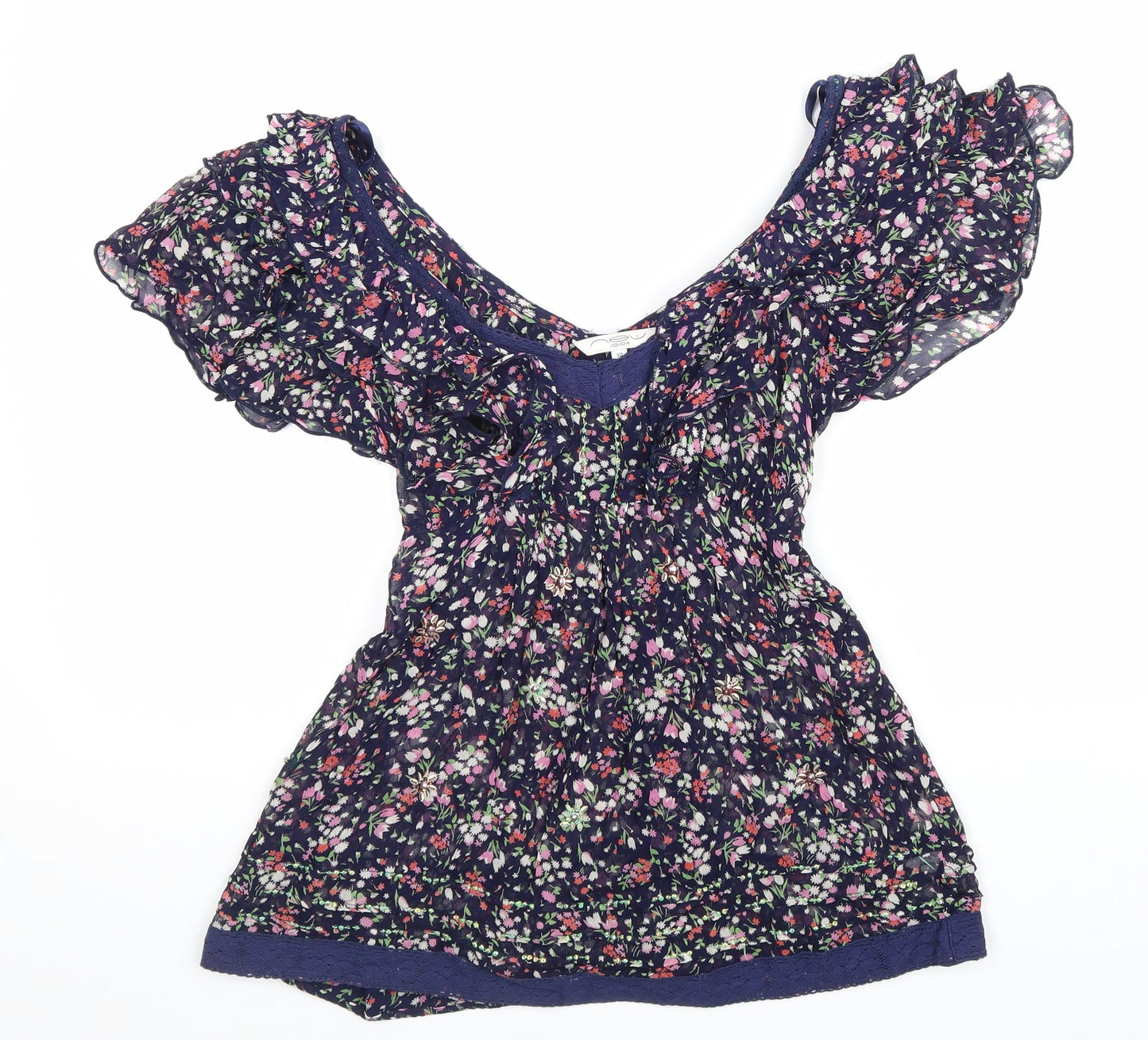 New Look Womens Blue Geometric Viscose Basic Blouse Size 10 Off the Shoulder