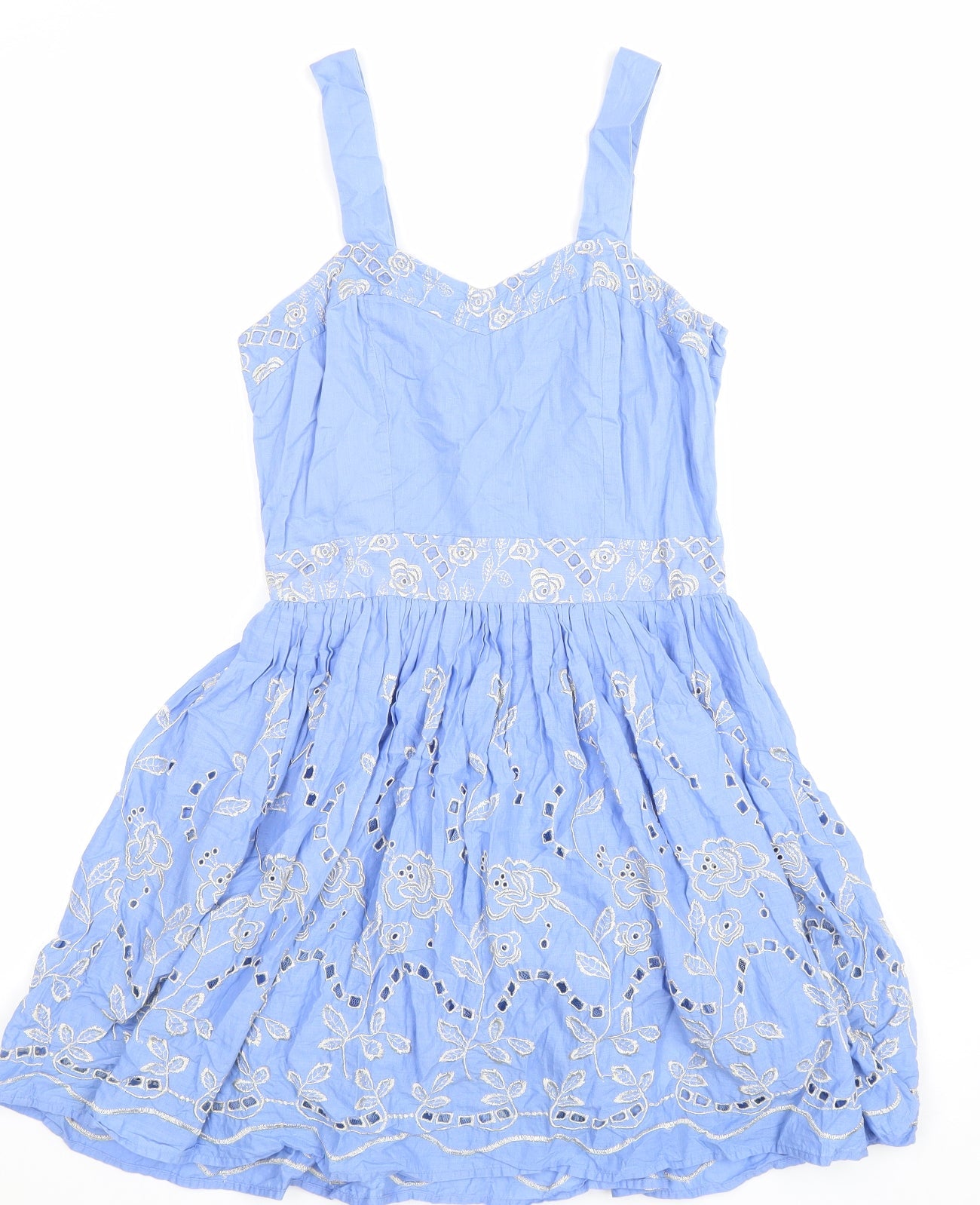Yumi Womens Blue Floral 100% Cotton Fit & Flare Size S Sweetheart Zip - Broderie Anglaise