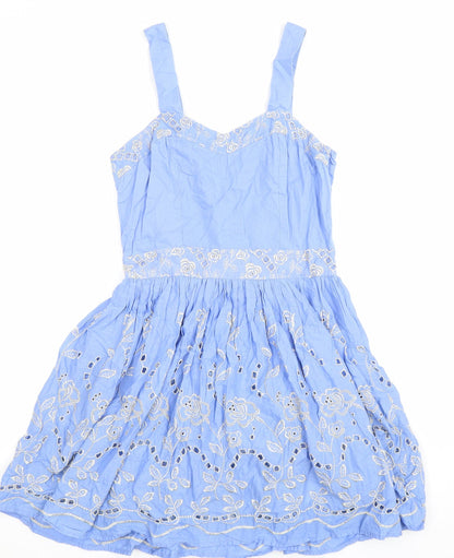 Yumi Womens Blue Floral 100% Cotton Fit & Flare Size S Sweetheart Zip - Broderie Anglaise