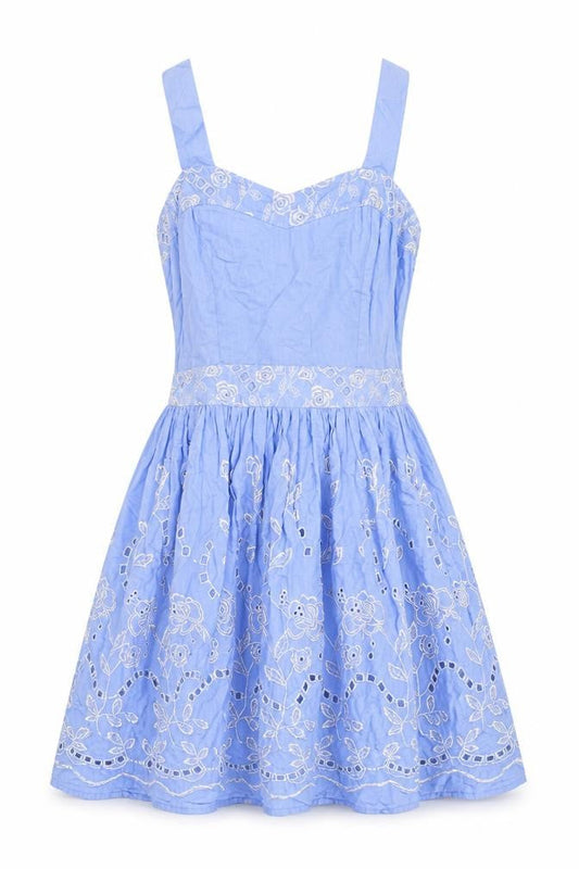 Yumi Womens Blue Floral 100% Cotton Fit & Flare Size S Sweetheart Zip - Broderie Anglaise