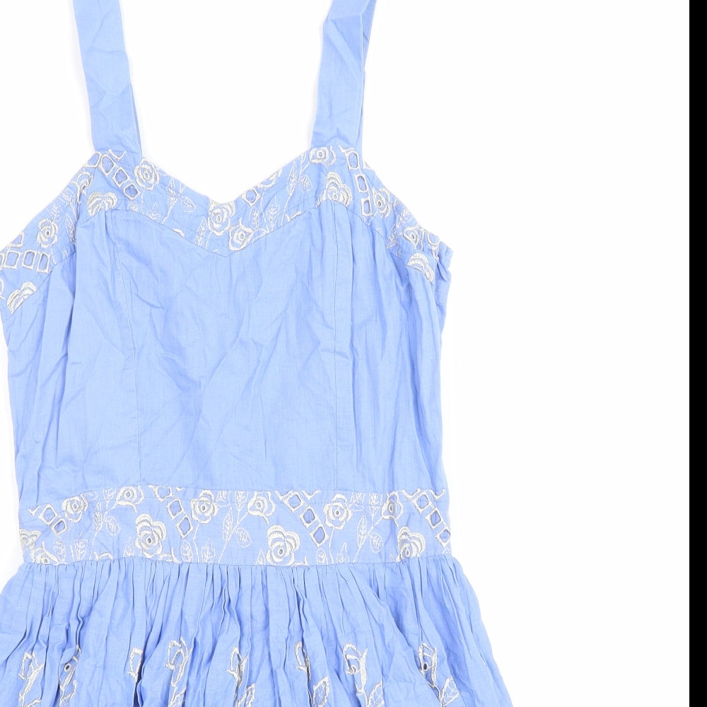 Yumi Womens Blue Floral 100% Cotton Fit & Flare Size S Sweetheart Zip - Broderie Anglaise