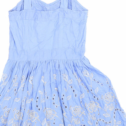 Yumi Womens Blue Floral 100% Cotton Fit & Flare Size S Sweetheart Zip - Broderie Anglaise