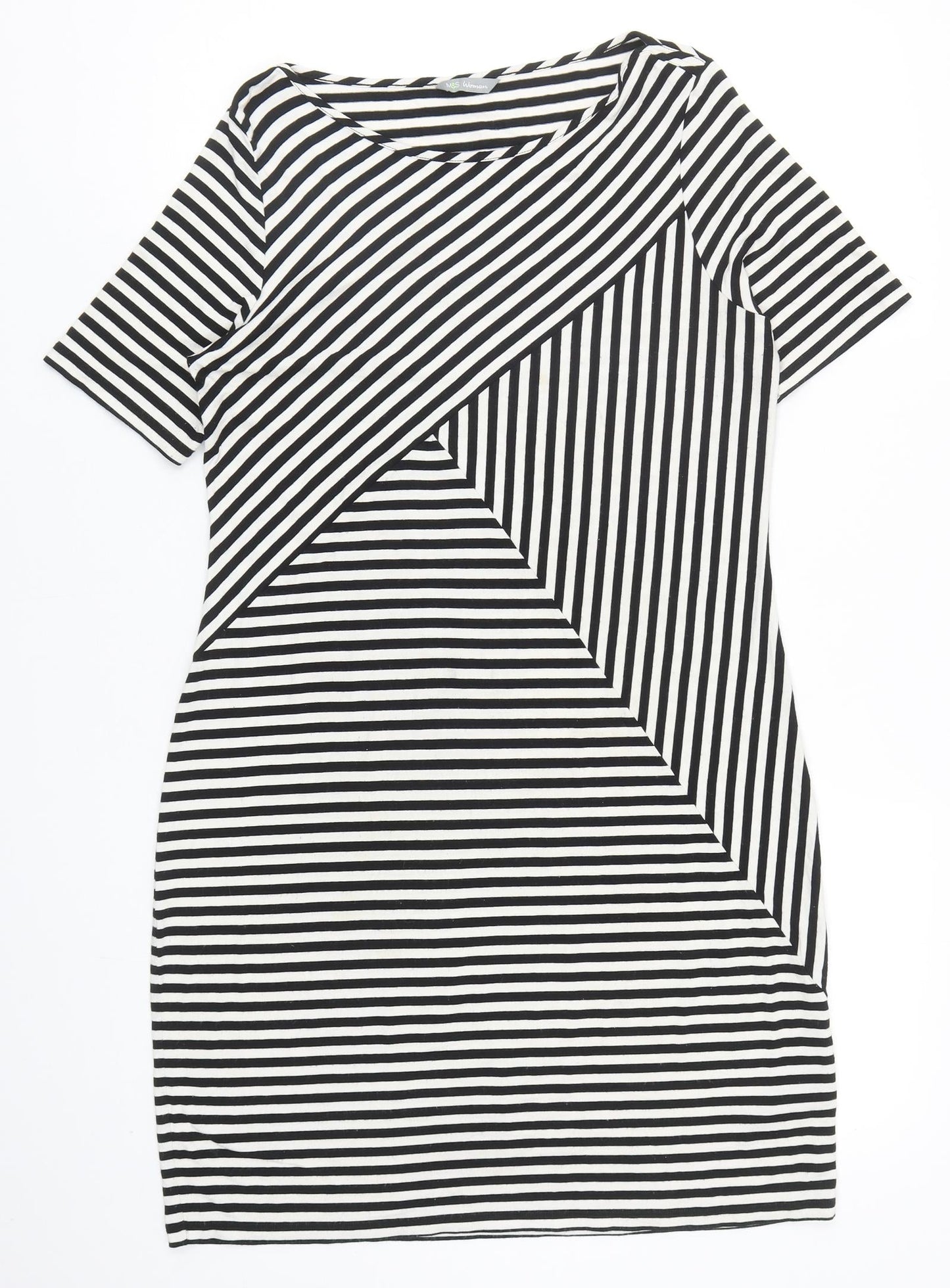 Marks and Spencer Womens Black Striped Viscose A-Line Size 12 Round Neck Pullover
