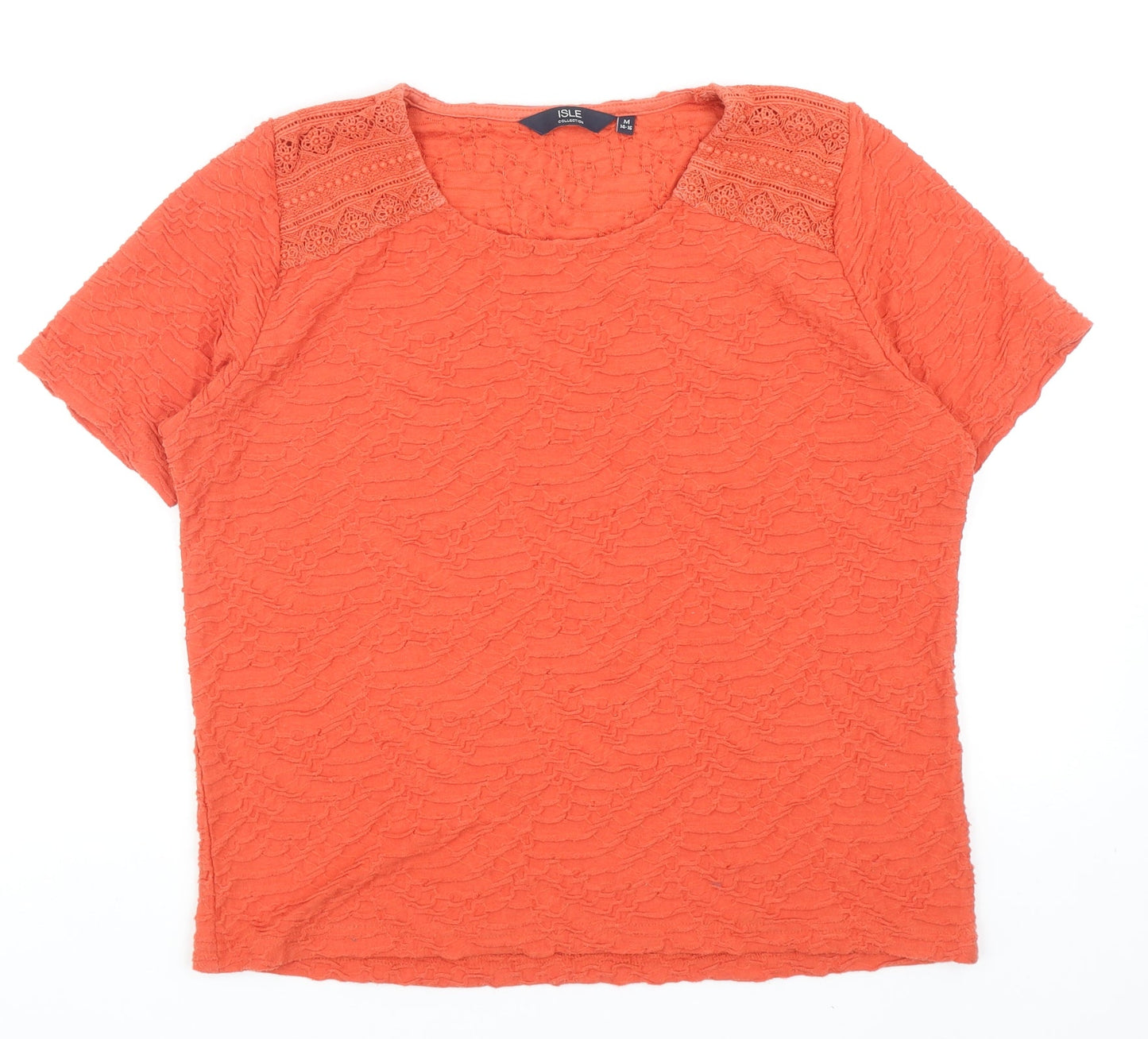 EWM Womens Orange Geometric Polyester Basic T-Shirt Size M Round Neck - Lace Detail