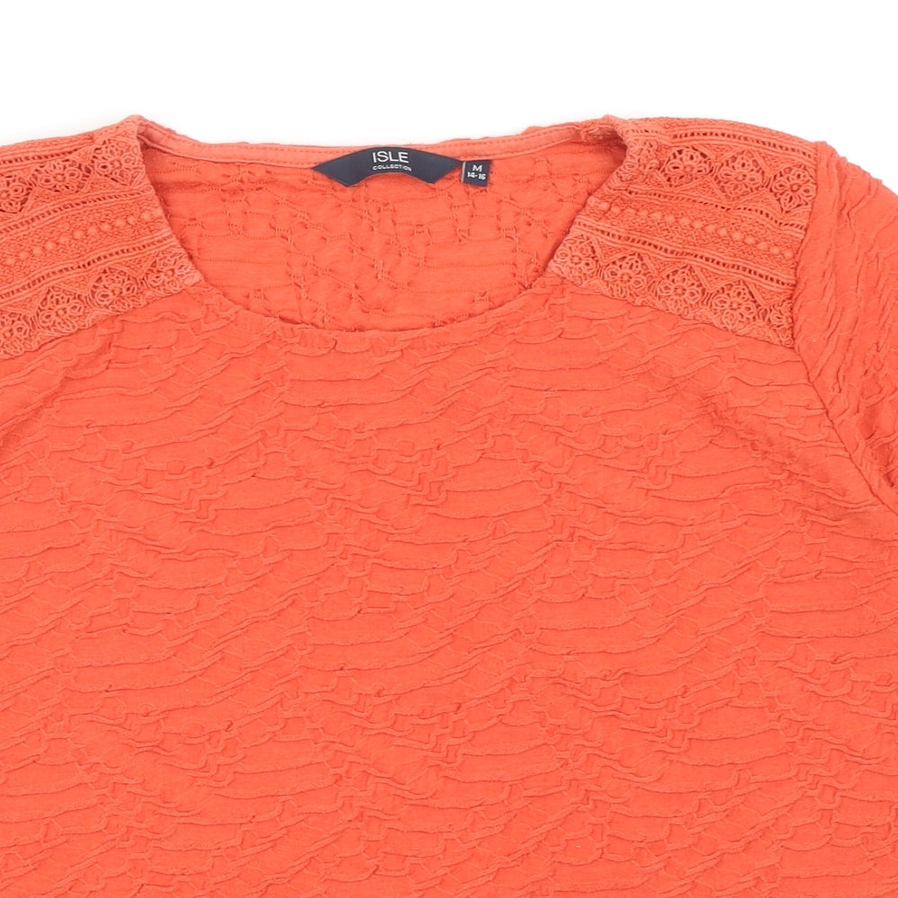EWM Womens Orange Geometric Polyester Basic T-Shirt Size M Round Neck - Lace Detail