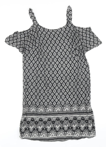 Papaya Womens Black Geometric Polyester A-Line Size 8 Scoop Neck Pullover - Cold Shoulder
