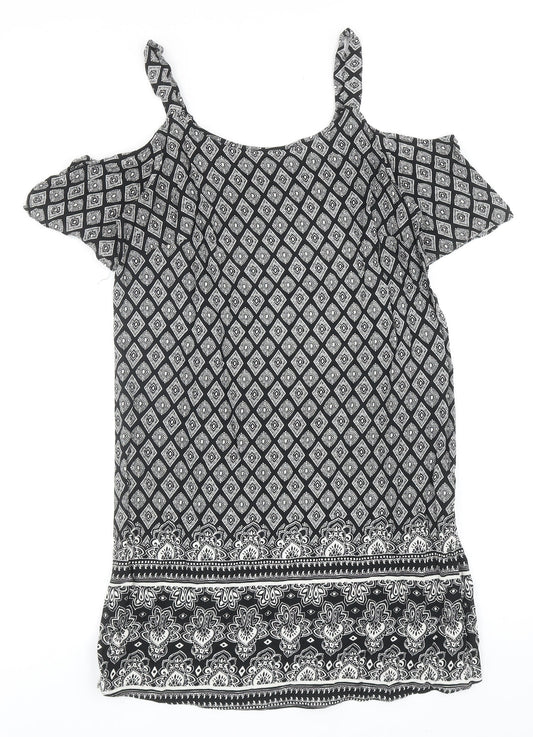 Papaya Womens Black Geometric Polyester A-Line Size 8 Scoop Neck Pullover - Cold Shoulder