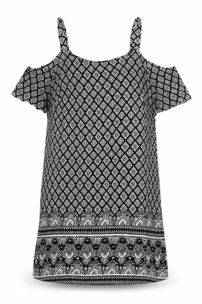 Papaya Womens Black Geometric Polyester A-Line Size 8 Scoop Neck Pullover - Cold Shoulder