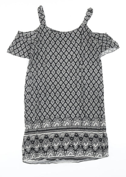 Papaya Womens Black Geometric Polyester A-Line Size 8 Scoop Neck Pullover - Cold Shoulder