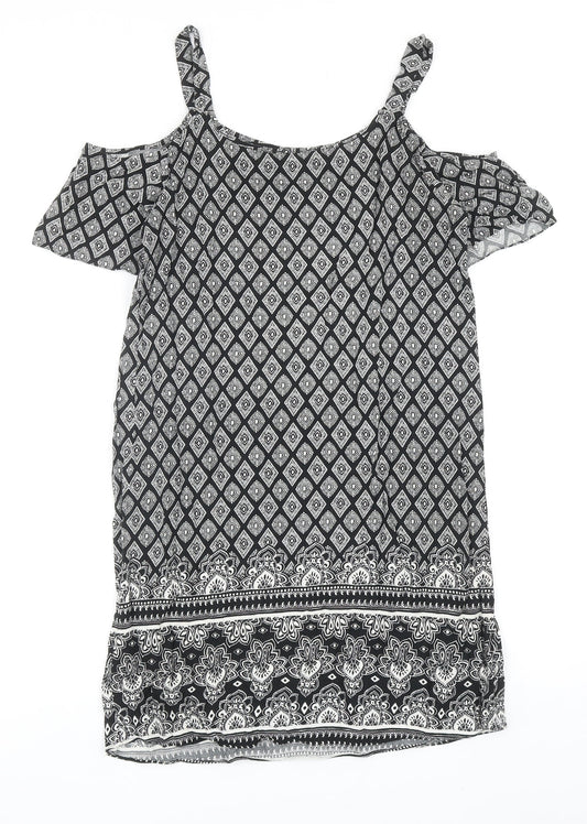 Papaya Womens Black Geometric Polyester A-Line Size 8 Scoop Neck Pullover - Cold Shoulder