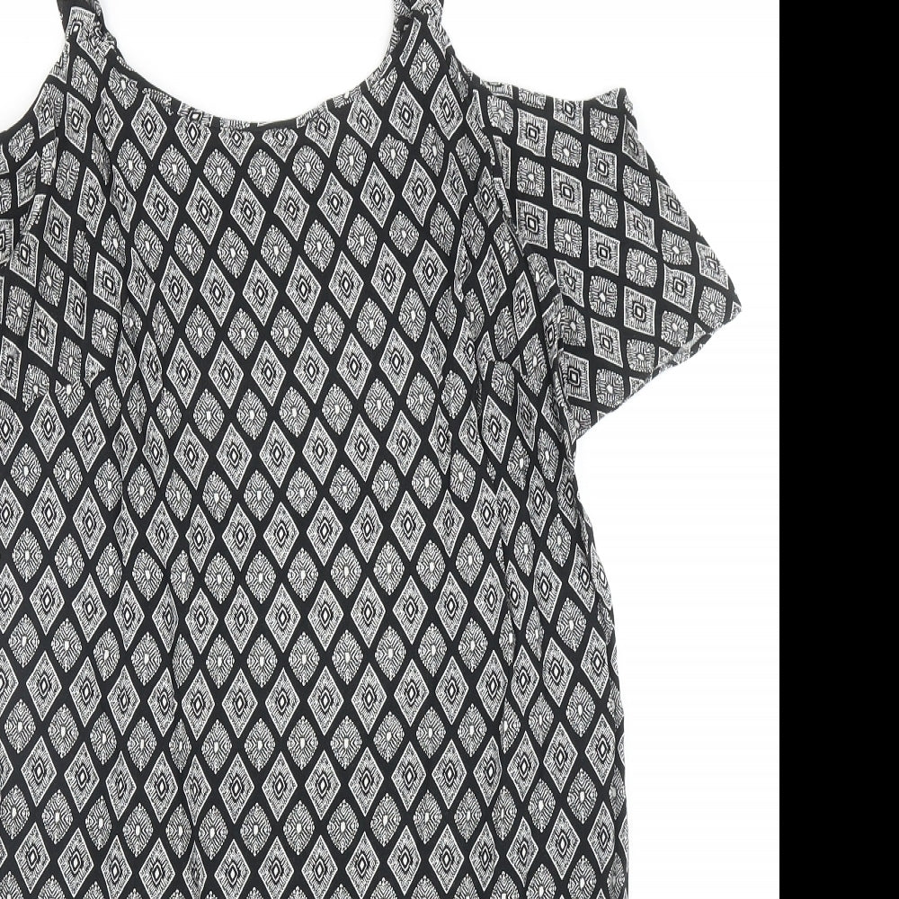 Papaya Womens Black Geometric Polyester A-Line Size 8 Scoop Neck Pullover - Cold Shoulder